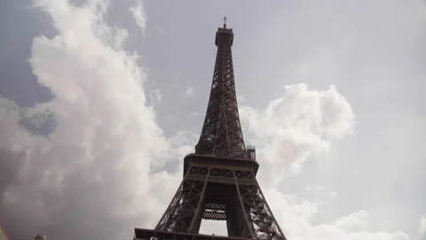 Medium Shot Of The Eiffel Tower In Paris, France against the Clouded Sky Stock Footage 205857444