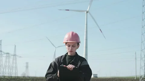 Medium shot of female engineer fills in the data in the middle of the windmill Stock Footage 238009869