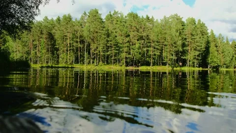 Medium shot of forest reflections on a crystal lake in sunny day Stock Footage 147357819