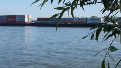 Medium shot freight ship carries containers on the rhine river. Real time 4K 库存影片 141120544