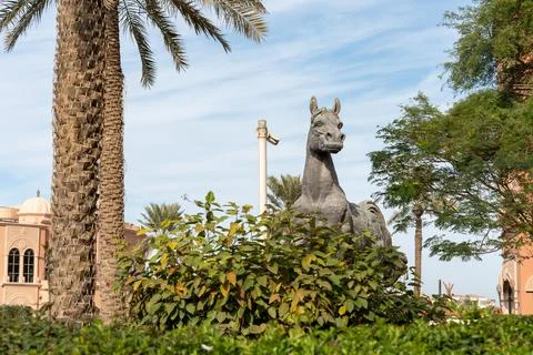 Medium shot of a horse statue framed by palm trees and bushes. Stock Photos