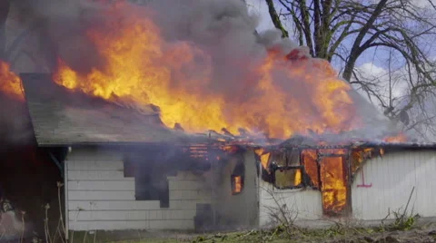 Medium shot of house burning Stock Footage 61174269