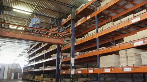 Medium Shot, Lockdown, 30 Seconds Or Greater, Riding, Warehouse, Industry, Stock Footage 94242340