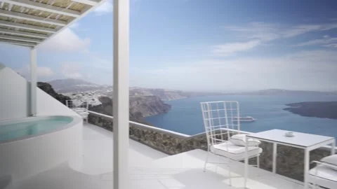 Medium shot of a luxury private pool overlooking the Santorini Archipelago Stock Footage 257673867