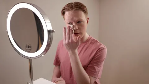 A Medium Shot Of A Man Applying Powder Makeup Mirror Beauty Routine Stock Footage 309438002