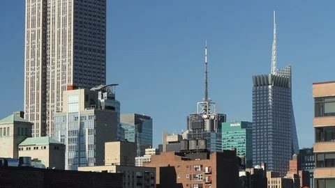 Medium Shot of Manhattan Skyline from Rooftop Stock Footage 113356591