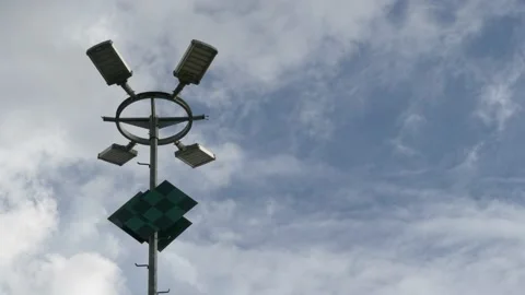 Medium shot, modern street LED lighting pole on the riverside Stock Footage 137883054
