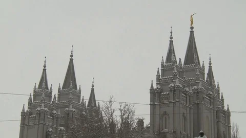 Medium Shot Mormon Temple Salt Lake Snow 2 Stock Footage 87051497