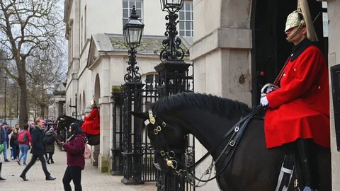 MEDIUM SHOT of mounted troopers of the Household Cavalry standing guard at th Stock Footage 129109543