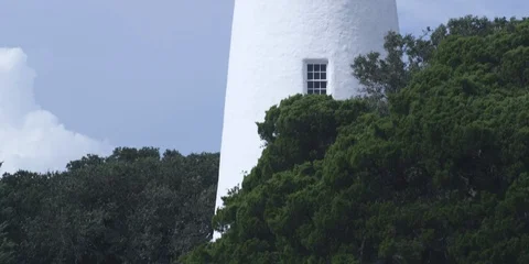 Medium shot of Ocracoke lighthouse amidst green trees Stock Footage 103490519