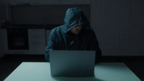 Medium Shot One Anonymous Man In Hoodie Thinking Near Laptop Night Stock Footage 333270644