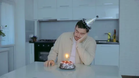 Medium Shot One Lonely Man Staring At Burning Birthday Cake Casual Stock-Footage 333256078