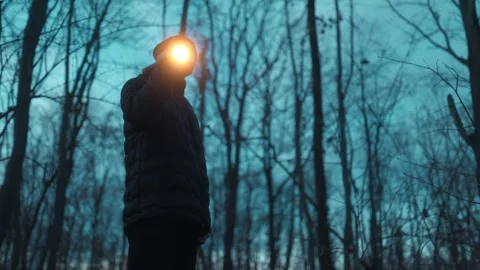 Medium Shot One Man Pointing Flashlight At Camera In Dark Forest lifestyle Stock Footage 334002256