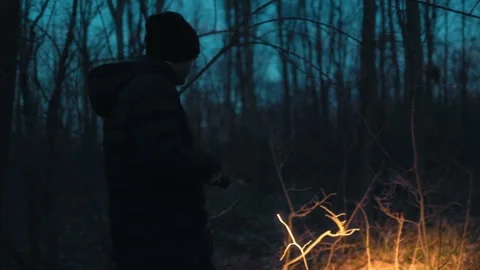 Medium Shot One Man Walking And Searching Dark Forest With Flashlight lifestyle Stock Footage 334002245