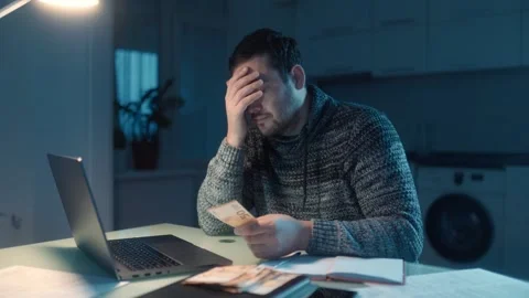 Medium Shot One Stressed Man Counting Euro Money On Laptop Night Stock-Footage 333270761