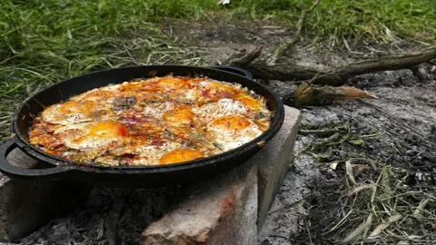 Medium shot of outdoor cooking during picnic. Stock Footage 337203634