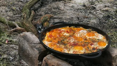 Medium shot of outdoor cooking during picnic. Stock Footage 337203780