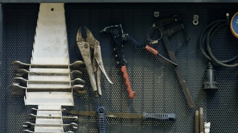 Medium Shot, Panning, 20 Seconds Or Greater, Indoors, Day, Weathered, Tool Rack, Stock Footage 94112025