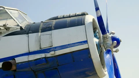 Medium shot of propeller of an old cargo aircraft located at the airport. 4K Stock Footage 94970449