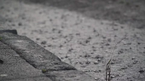 Medium shot of raindrops falling into puddle along street in slow motion Stock-Footage 152899127