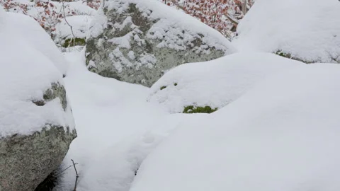 Medium Shot of Rocks and Stones Covered with Snow in Falling Snow Video stock 332223915