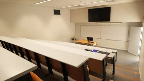 Medium Shot of Side Wipe of an Academic Classroom Interior Stock Footage 320070080