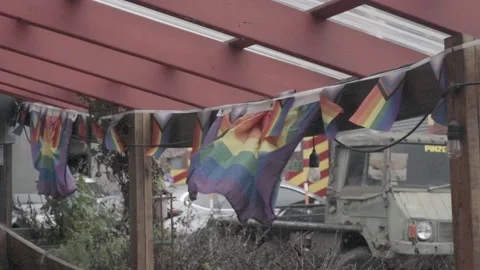 Medium shot Slow Motion Pride Flags blowing in wind wooden deck Brooklyn NYC Vídeos de archivo 255754441