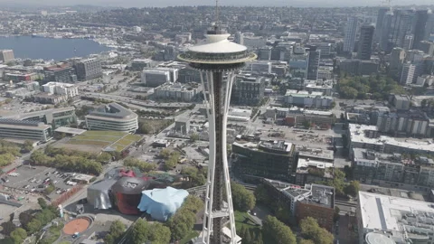 Medium shot Space Needle towers confidently over Seattle Stock Footage 317753258