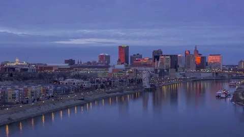 Medium Shot of St Paul Reflecting Sunset over Mississippi River Stock Footage 73460370