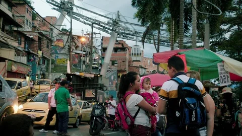 Medium shot in the streets of Comuna 13, a slum in Medellin, Colombia Stock Footage 105028310