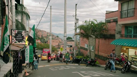 Medium shot in the streets of Comuna 13, a slum in Medellin, Colombia Stock Footage 105028943