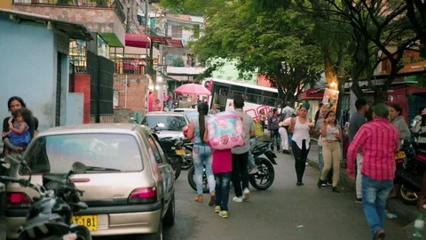 Medium shot in the streets of Comuna 13, a slum in Medellin, Colombia Stock Footage 105028956