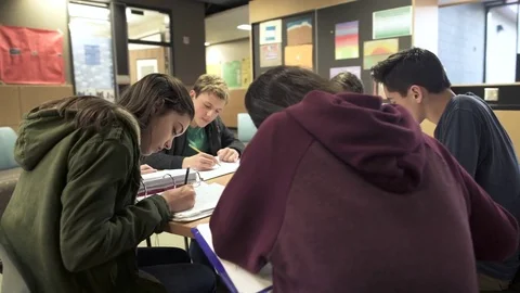Medium shot of student sitting around a table 動画素材 73298876