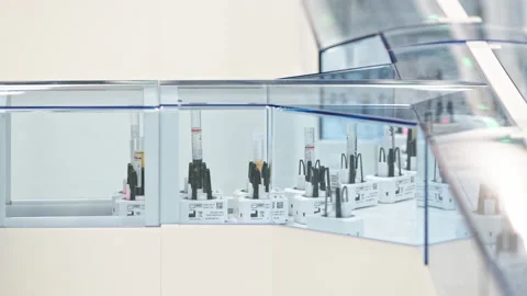 Medium shot of a test tube moving around an automated lab line with other test Stock Footage 233128348
