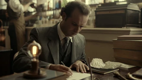 Medium shot of Thomas Edison writing in his laboratory, USA, 1800s - Reenactment Stock Footage 236630319