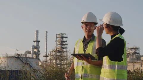 Medium shot. two Asian engineers using digital tablet working Stock Footage 142919019