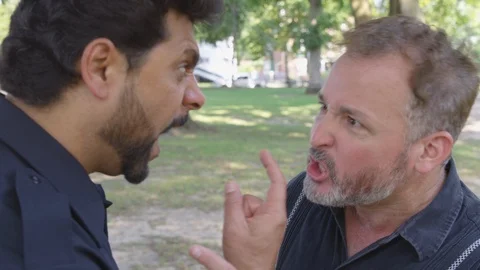 Medium Shot - Two men argue with each other at the park outside - shot on RED Stock Footage 124719623