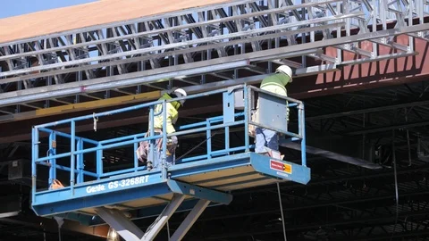 Medium Shot Two Men Working On Lift Construction 스톡 동영상 86871171