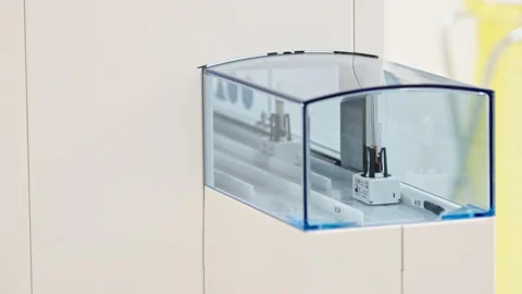 Medium shot of two test tubes moving around on an automated lab line and turning Stock Footage 234019259