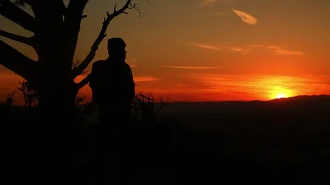 Medium shot of young man hiking at sunset Stock Footage 89739356