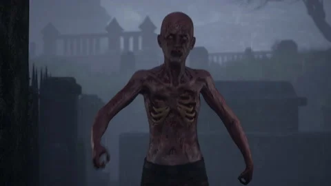 A medium shot of a zombie walks through a graveyard during a thunderstorm Stock Footage 209270204