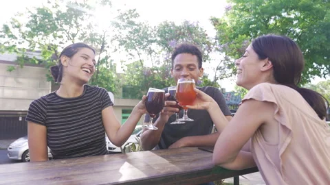 Medium side view shot of cheerful diverse group of friends making a toast and Stock Footage 277966836