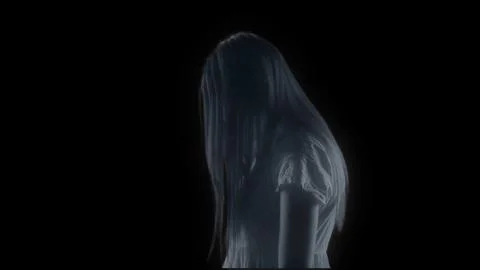Medium side view shot of a glitchy female figure, ghost, poltergeist, hologram 스톡 사진