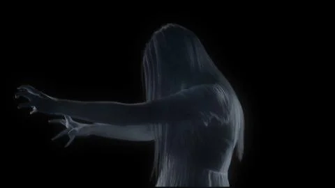 Medium side view shot of a glitchy female figure, ghost, poltergeist, hologram Stock Photos