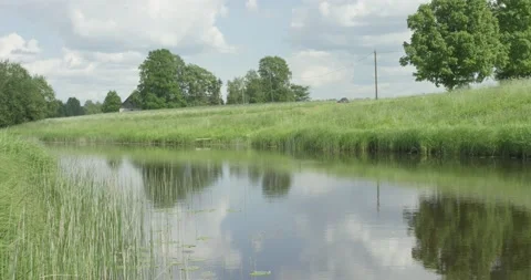 Medium size river flowing through green meadows in a sunny summer day Stock Footage 159980793