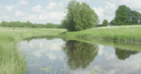 Medium size river flowing through green meadows in a sunny summer day Stock Footage 159980841