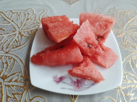 Medium Slice Pieces Watermelon in a Plate Stock Photos