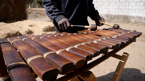 Medium slow motion shot of black man playing Balafon instrument Stock Footage 113167132