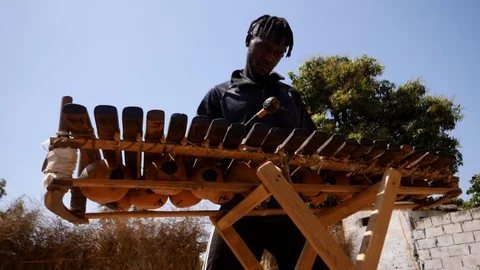 Medium slow motion shot of black man playing Balafon instrument Stock Footage 113168321