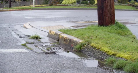 Medium of storm drain next to road with flowing water Stock Footage 175950538